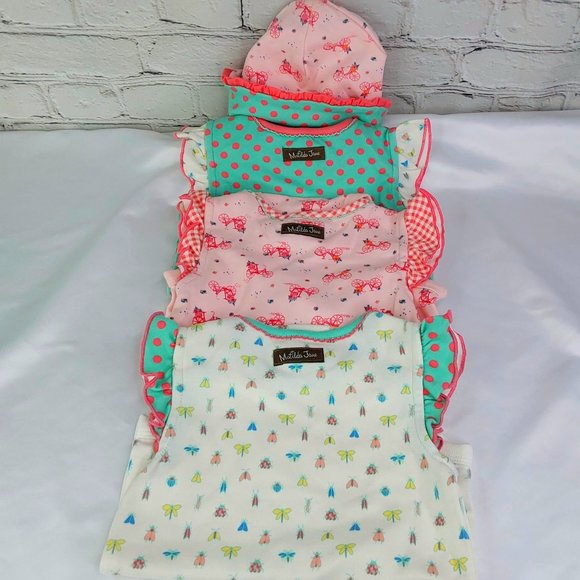 MATILDA JANE 4-PIECE SET 'ROUND TRIP CAMP' REVERSIBLE BODYSUITS & BONNET CLT. - Picture 2 of 16